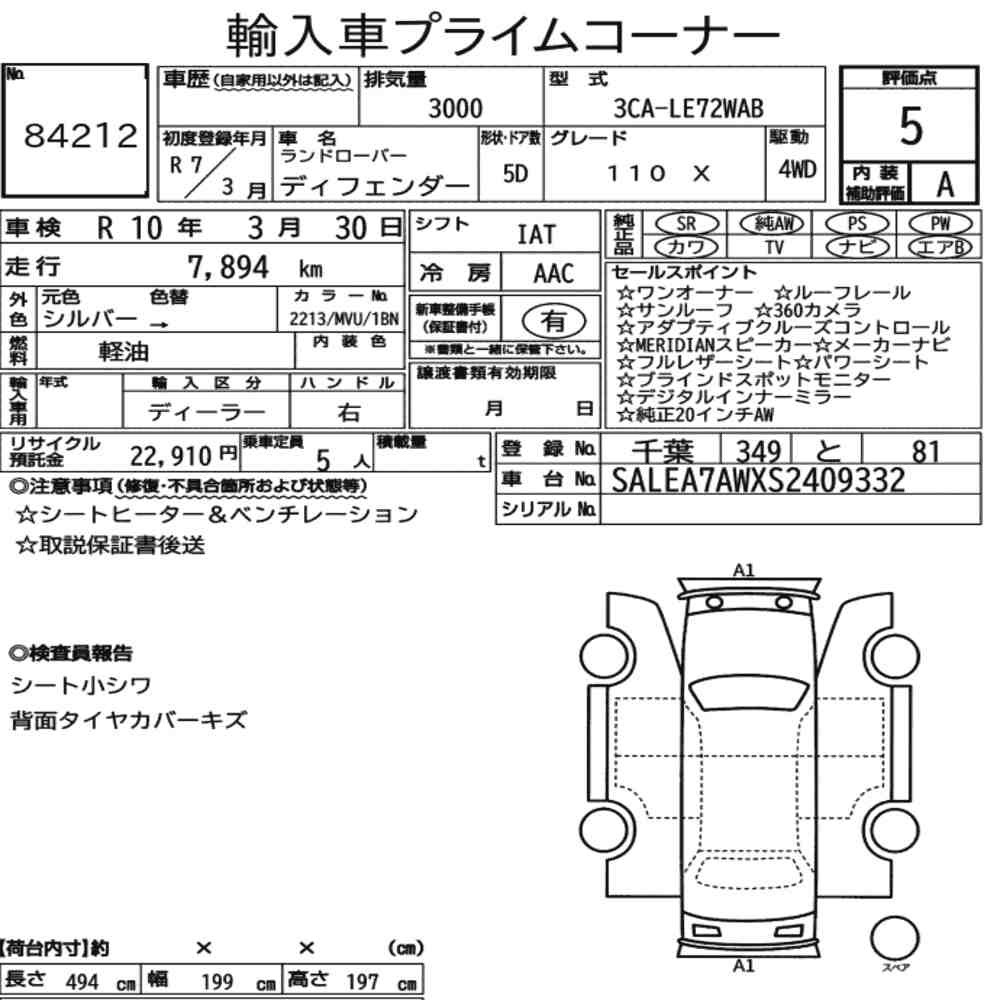 Arkusz aukcyjny — 2025 Land Rover Defender 5D 4WD 110 X