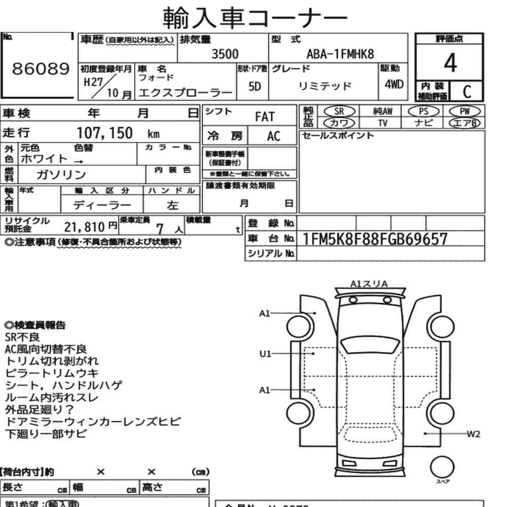 Arkusz aukcyjny — 2015 Ford Explorer 5D 4WD Limited