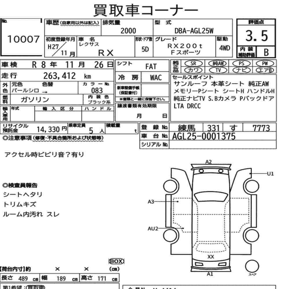 Arkusz aukcyjny — 2015 Lexus RX 4WD RX200T F Sport