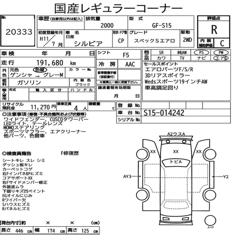 Arkusz aukcyjny — 1999 Nissan Silvia CP Spec.s Aero