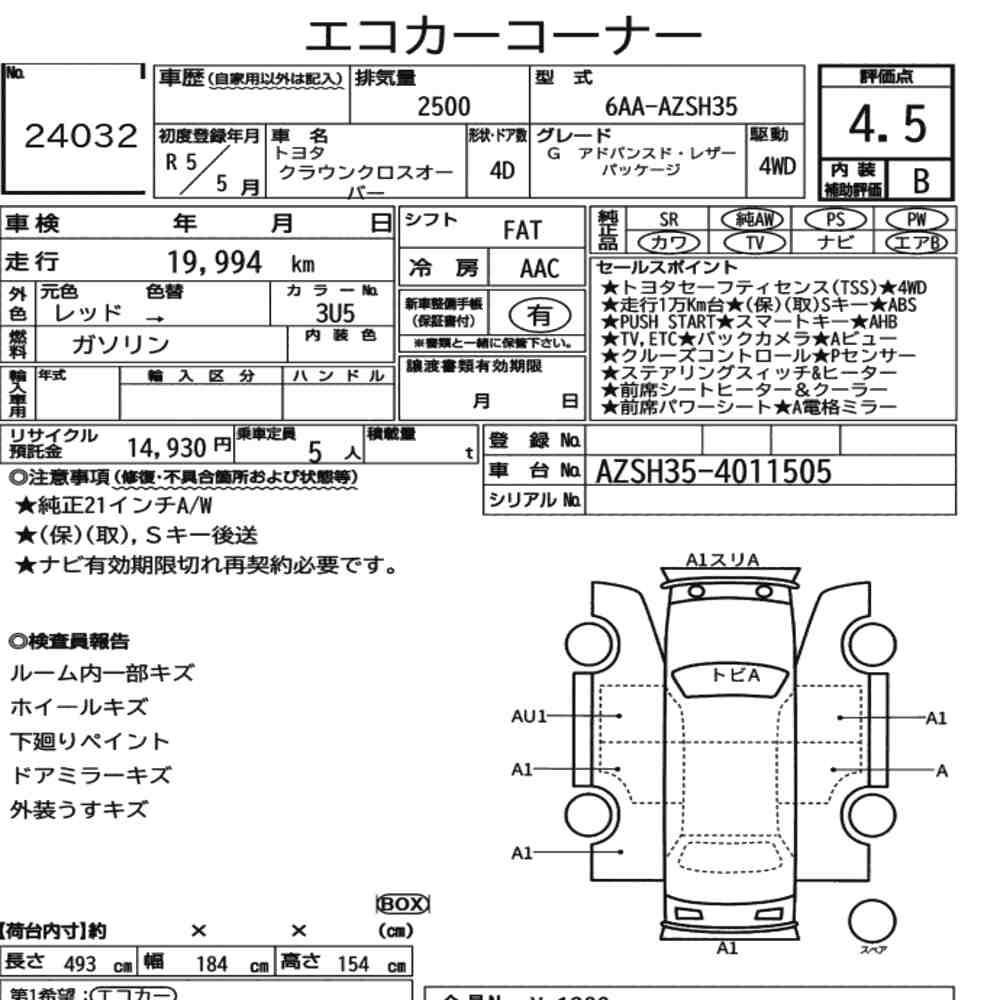 Arkusz aukcyjny — 2023 Toyota Crown Crossover 4WD G Advanced・leather Package