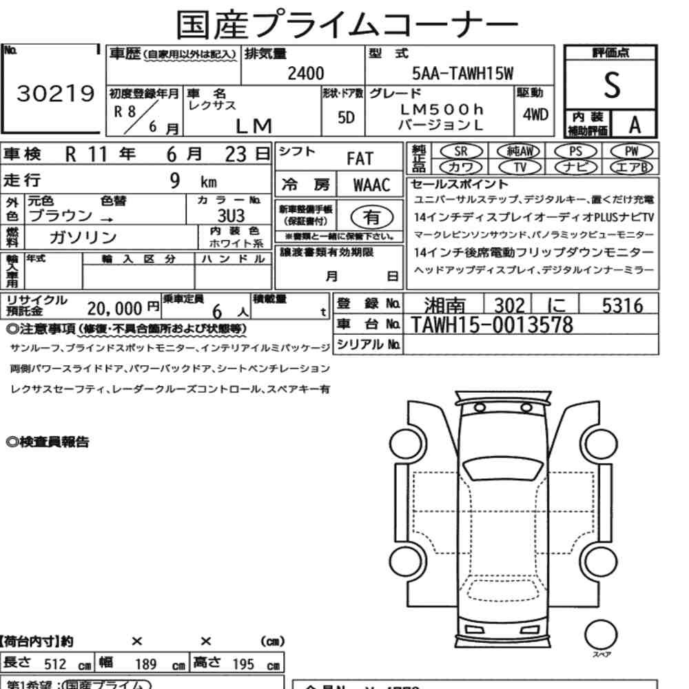 Arkusz aukcyjny — 2026 Lexus LM 4WD LM500H Version L