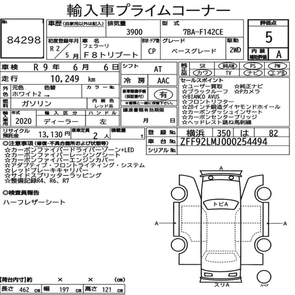 Arkusz aukcyjny — 2020 Ferrari F8 Tributo Base Grade