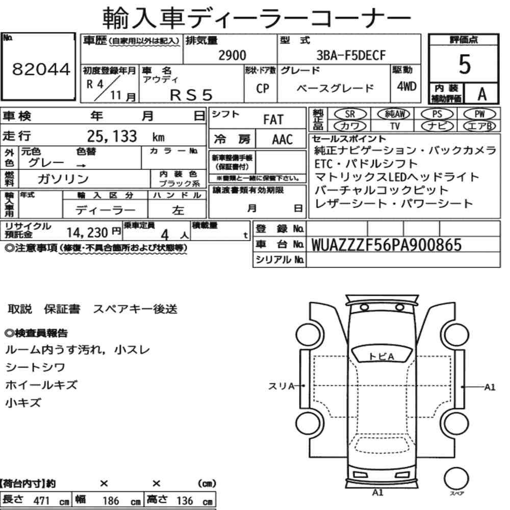 Arkusz aukcyjny — 2022 Audi RS5 4WD Base Grade