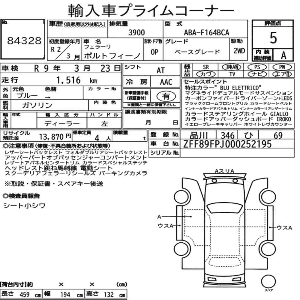 Arkusz aukcyjny — 2020 Ferrari Portofino Base Grade
