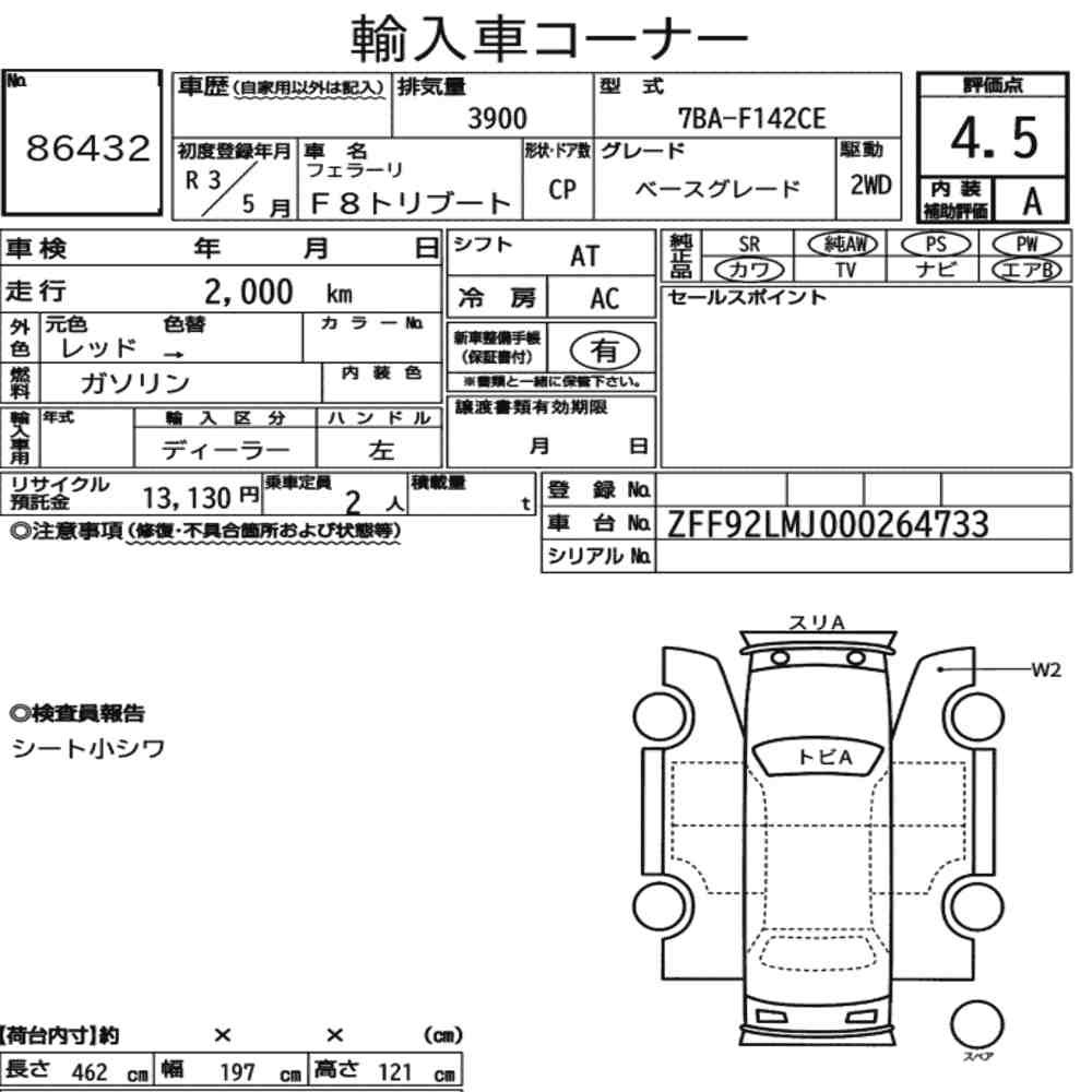 Arkusz aukcyjny — 2021 Ferrari F8 Tributo Base Grade