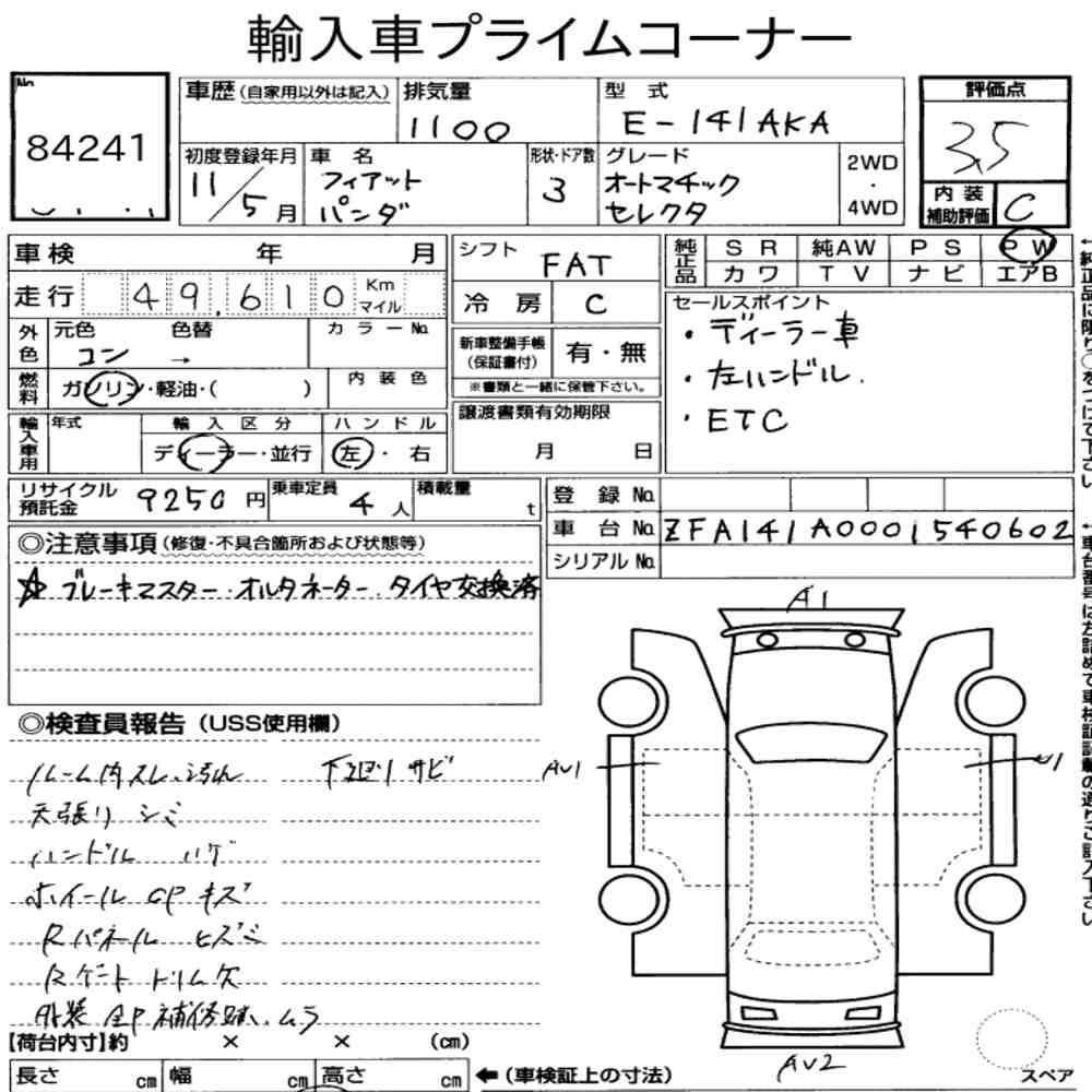 Arkusz aukcyjny — 1999 Fiat Panda 3D Automatic Selector