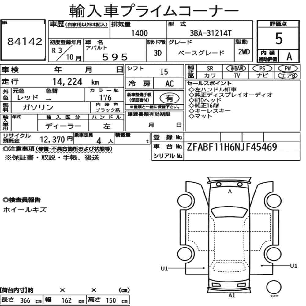 Arkusz aukcyjny — 2021 Abarth 595 Base Grade