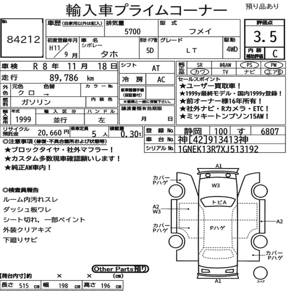 Arkusz aukcyjny — 1999 Chevrolet Tahoe 5D 4WD LT