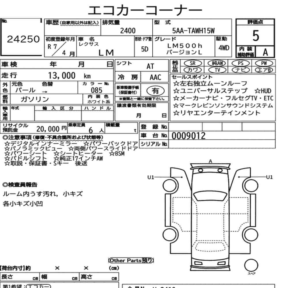 Arkusz aukcyjny — 2025 Lexus LM 4WD LM500H Version L