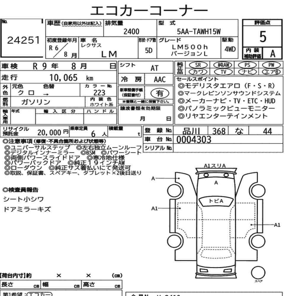 Arkusz aukcyjny — 2024 Lexus LM 4WD LM500H Version L
