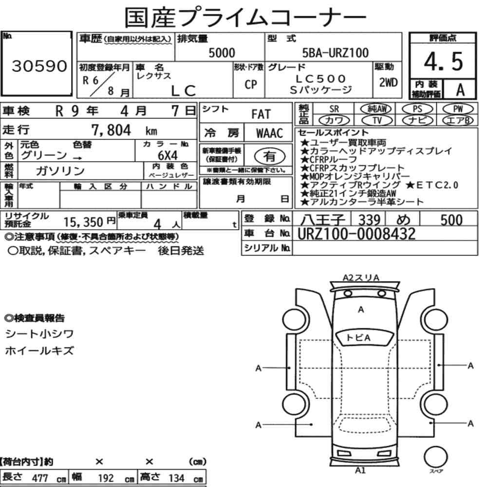 Arkusz aukcyjny — 2024 Lexus LC CP LC500 S Package