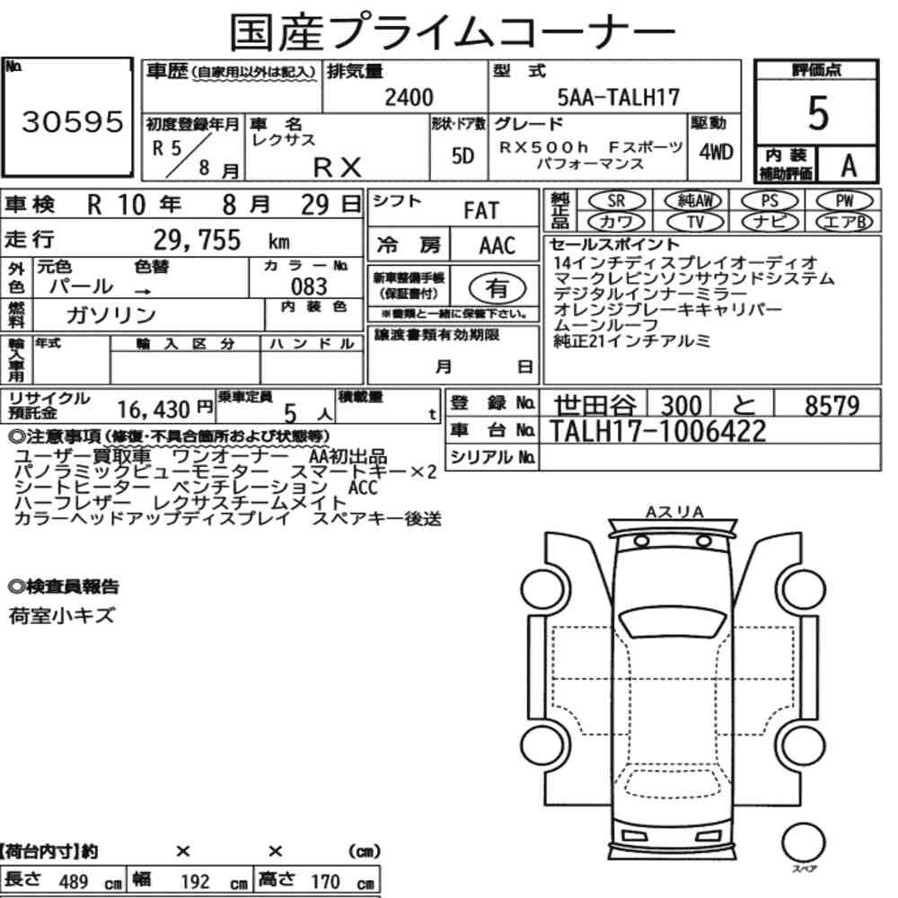 Arkusz aukcyjny — 2023 Lexus RX 4WD RX500H F Sport Performance