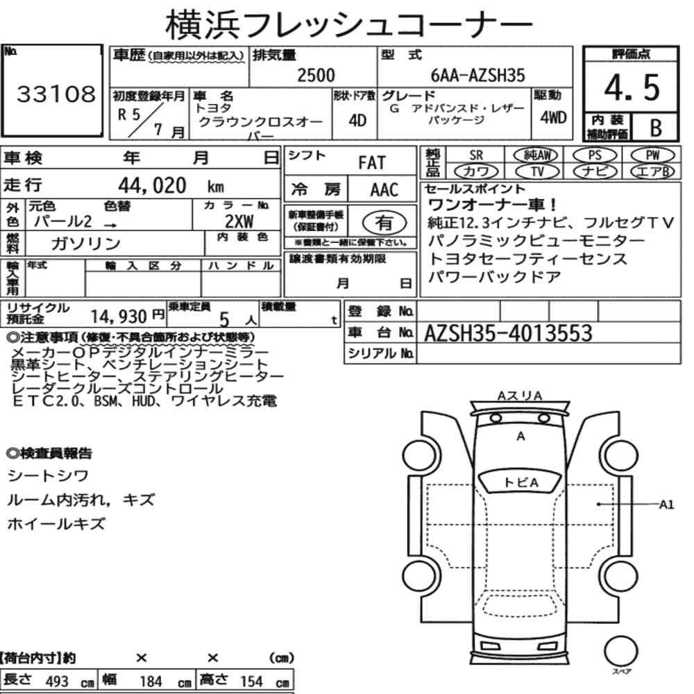Arkusz aukcyjny — 2023 Toyota Crown Crossover 4WD G Advanced・leather Package