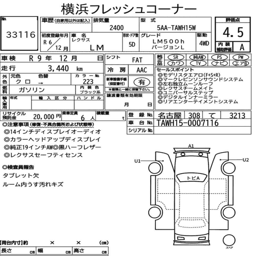 Arkusz aukcyjny — 2024 Lexus LM 4WD LM500H Version L