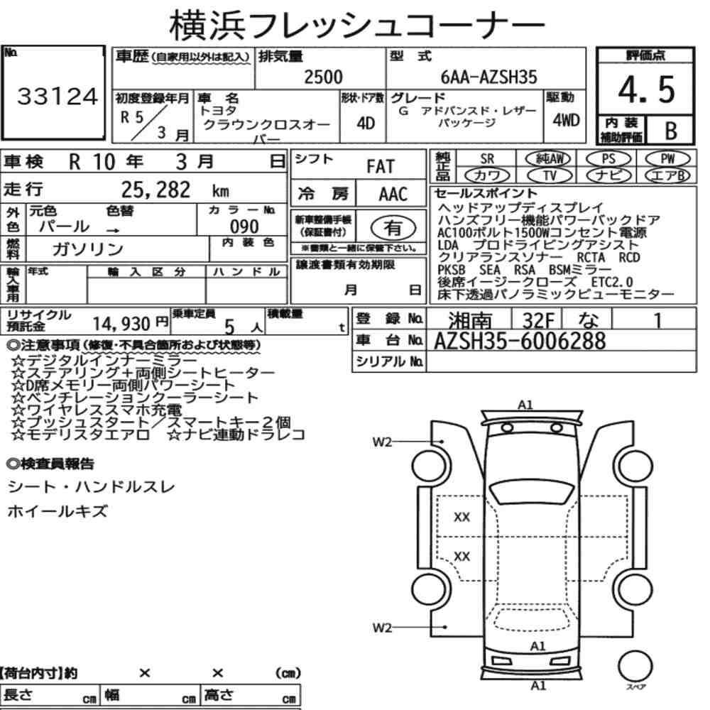 Arkusz aukcyjny — 2023 Toyota Crown Crossover 4WD G Advanced・leather Package