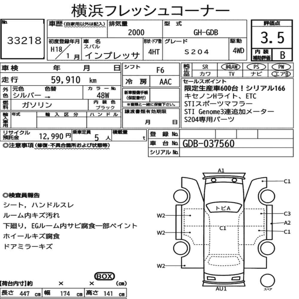 Arkusz aukcyjny — 2006 Subaru Impreza 4HT 4WD S204
