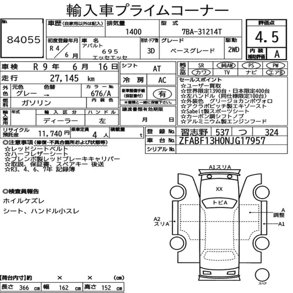 Arkusz aukcyjny — 2022 Abarth 695 Esseesse Base Grade