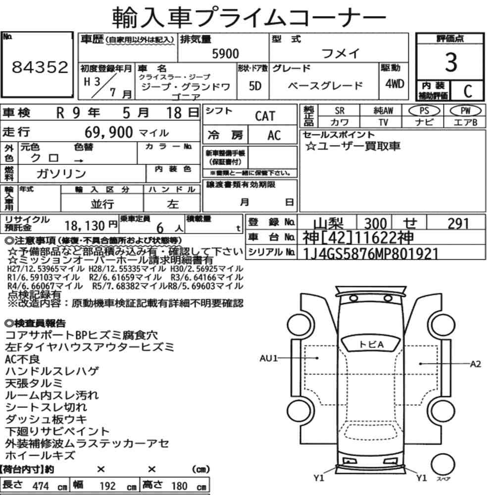 Arkusz aukcyjny — 1991 Chrysler Jeep Jeep Grand Wagoneer 4WD Base Grade