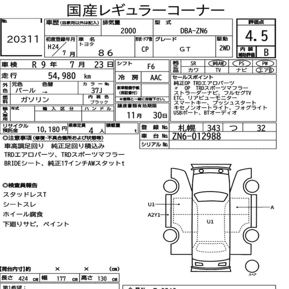 Arkusz aukcyjny — 2012 Toyota 86 GT