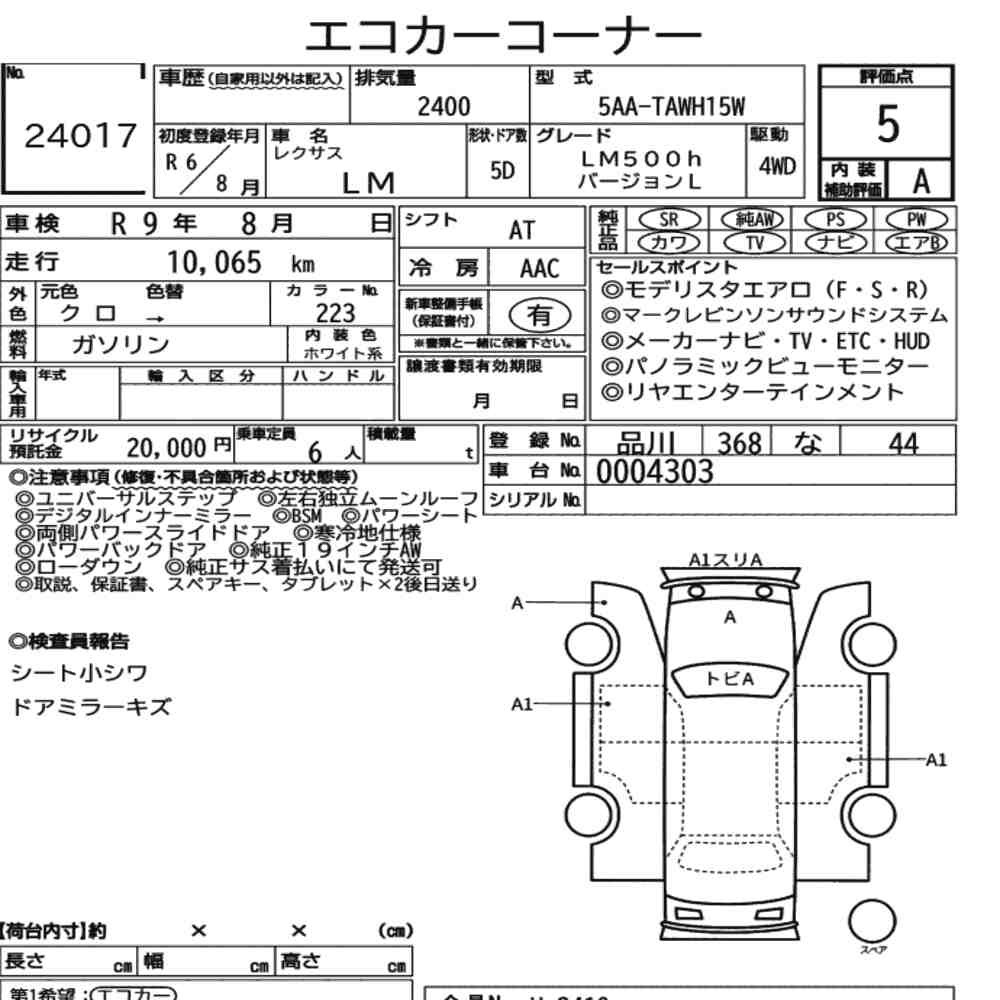 Arkusz aukcyjny — 2024 Lexus LM 4WD LM500H Version L