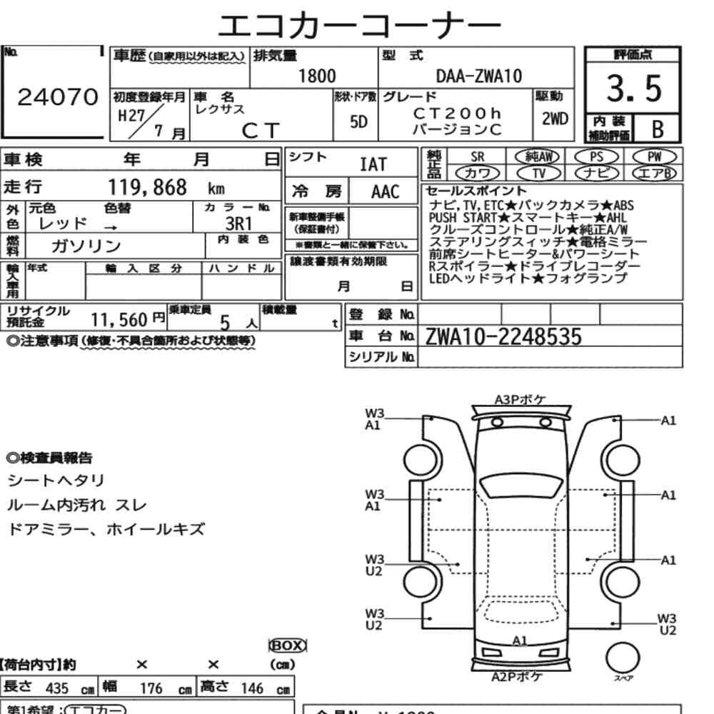 Arkusz aukcyjny — 2015 Lexus CT CT200H Version C