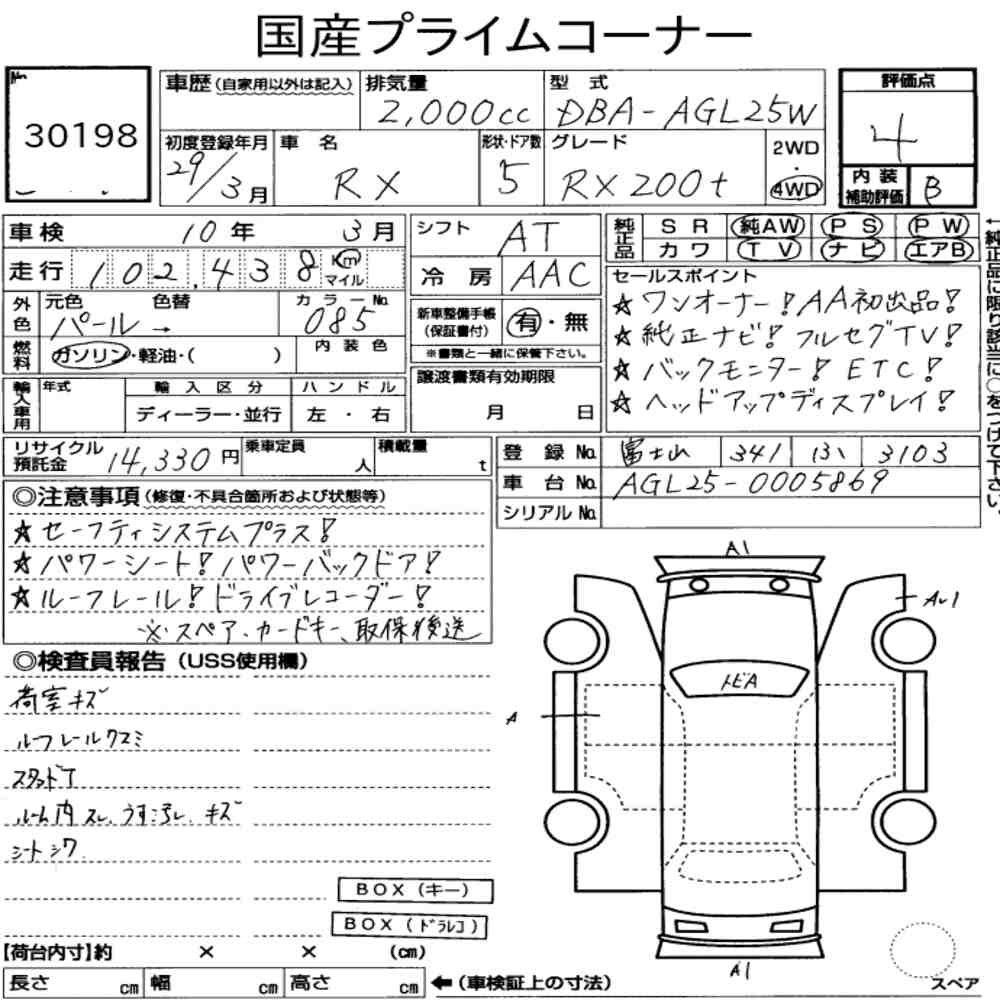 Arkusz aukcyjny — 2017 Lexus RX 4WD RX200T