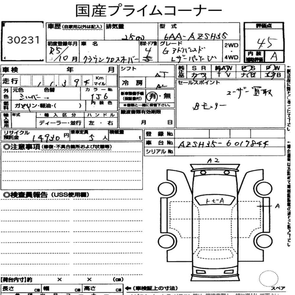 Arkusz aukcyjny — 2023 Toyota Crown Crossover 4WD G Advanced･leather Package