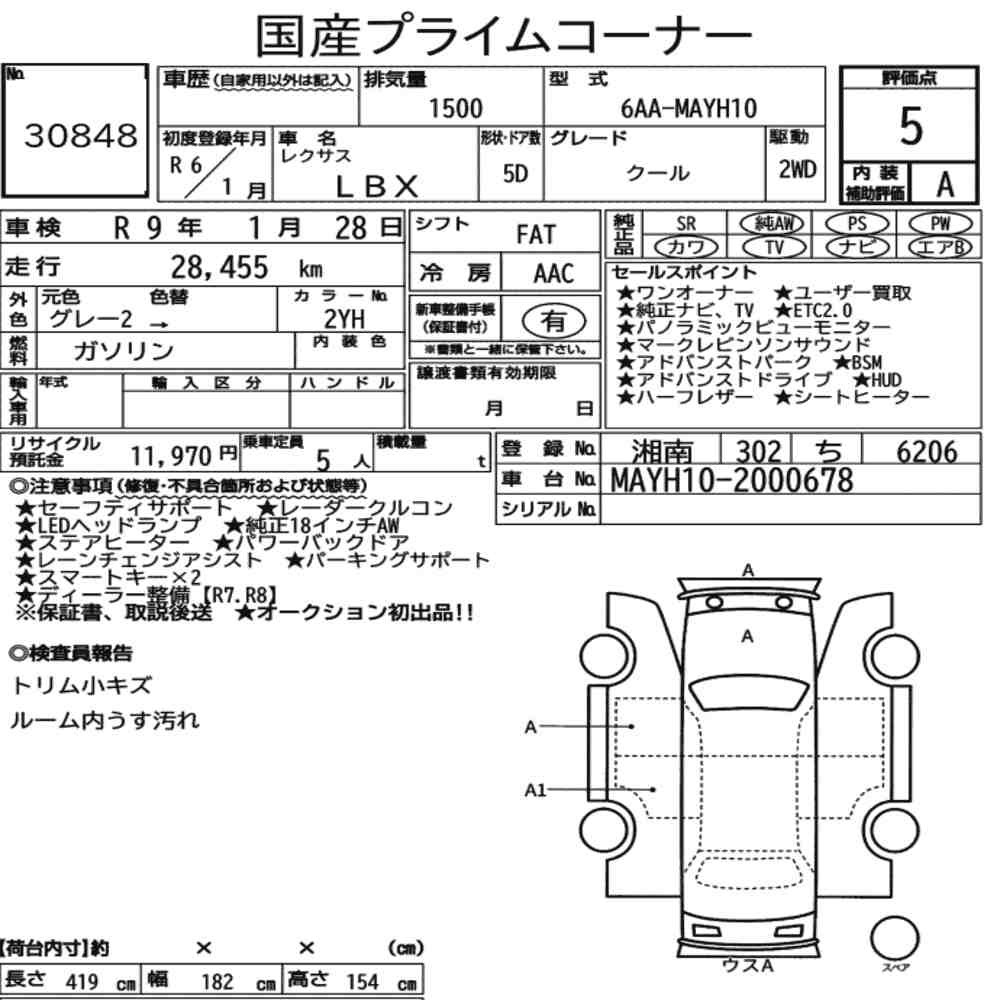 Arkusz aukcyjny — 2024 Lexus LBX Cool