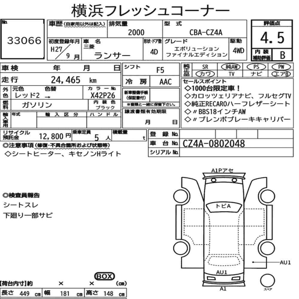 Arkusz aukcyjny — 2015 Mitsubishi Lancer 4D 4WD Evolution Final Edition