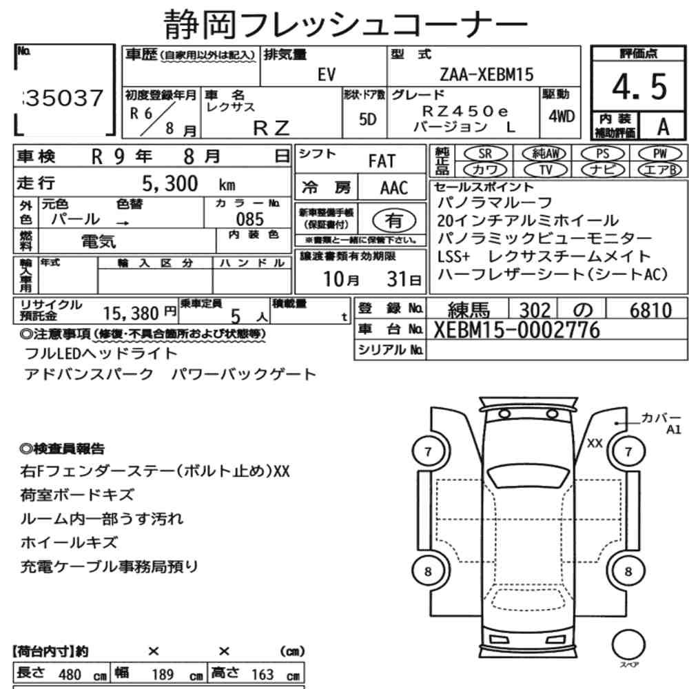 Arkusz aukcyjny — 2024 Lexus RZ 4WD RZ450E Version L