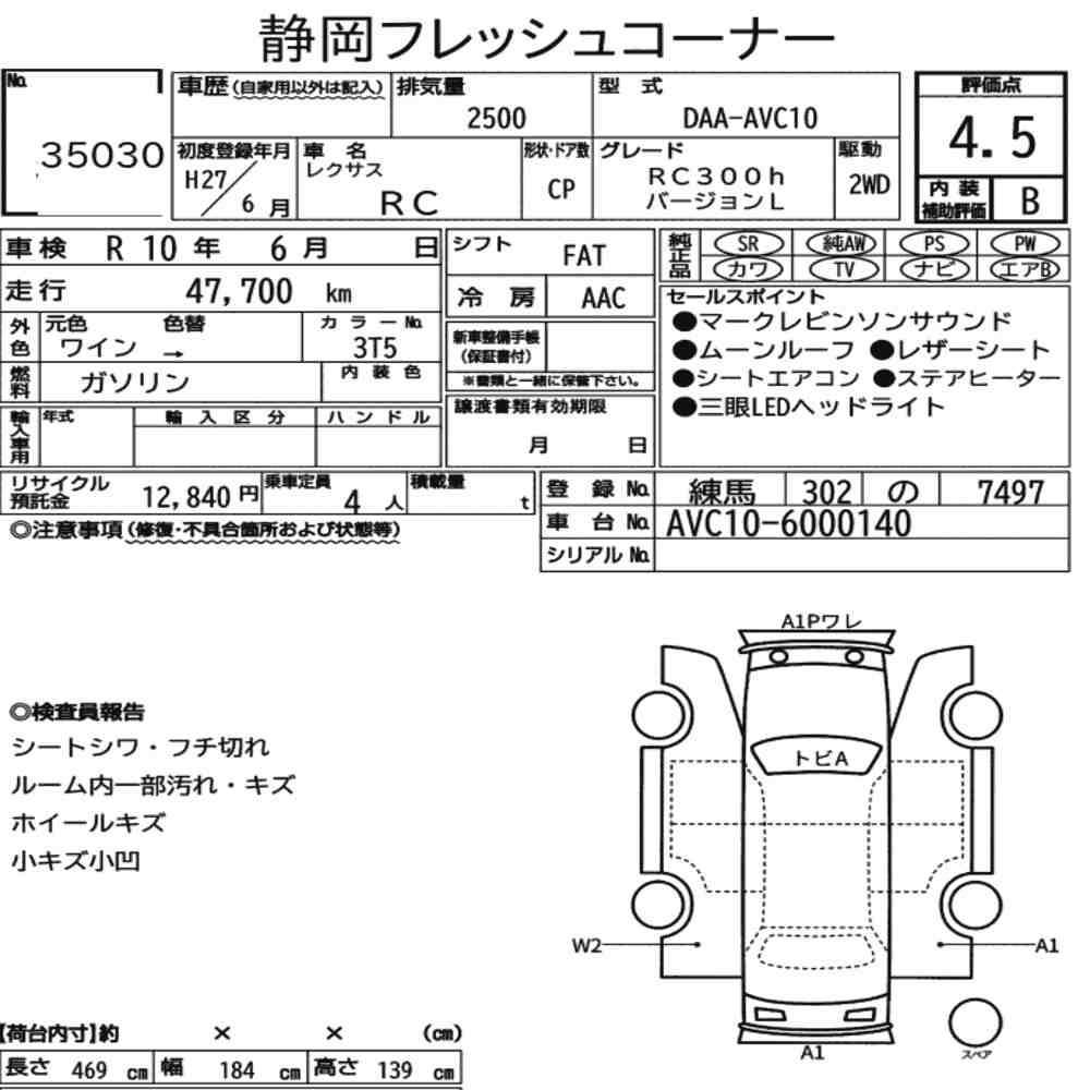 Arkusz aukcyjny — 2015 Lexus RC RC300H Version L