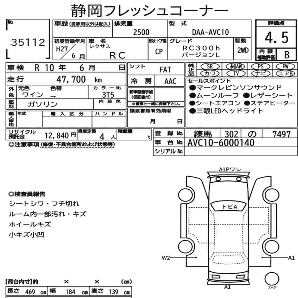 Arkusz aukcyjny — 2015 Lexus RC RC300H Version L
