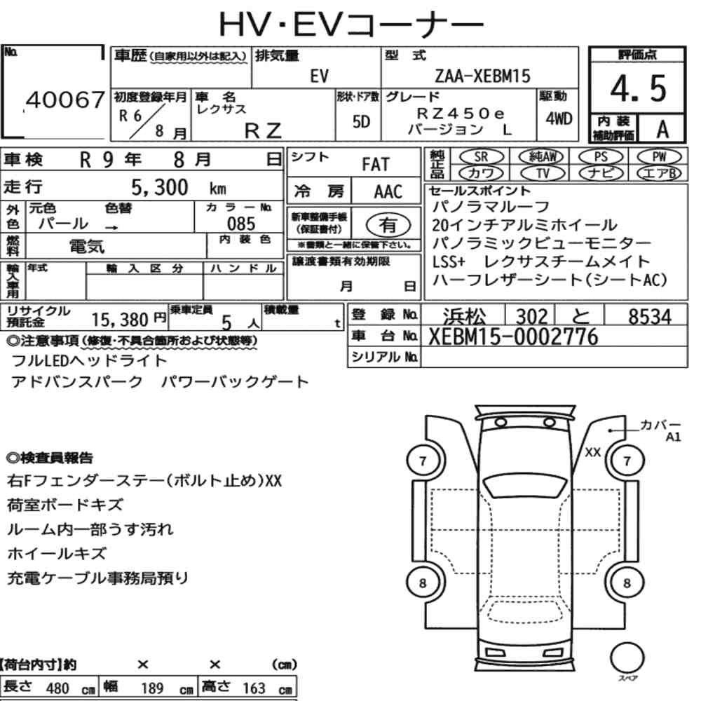 Arkusz aukcyjny — 2024 Lexus RZ 4WD RZ450E Version L