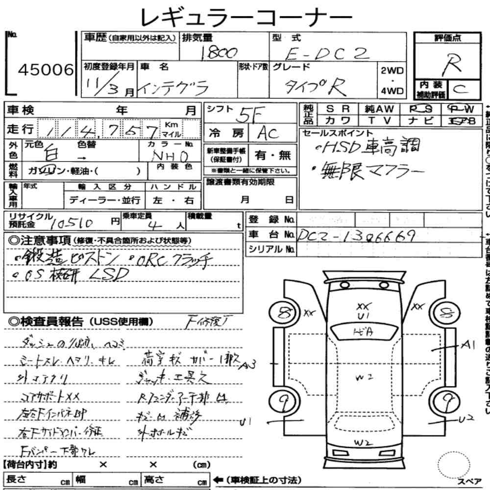 Arkusz aukcyjny — 1999 Honda Integra CP Type R