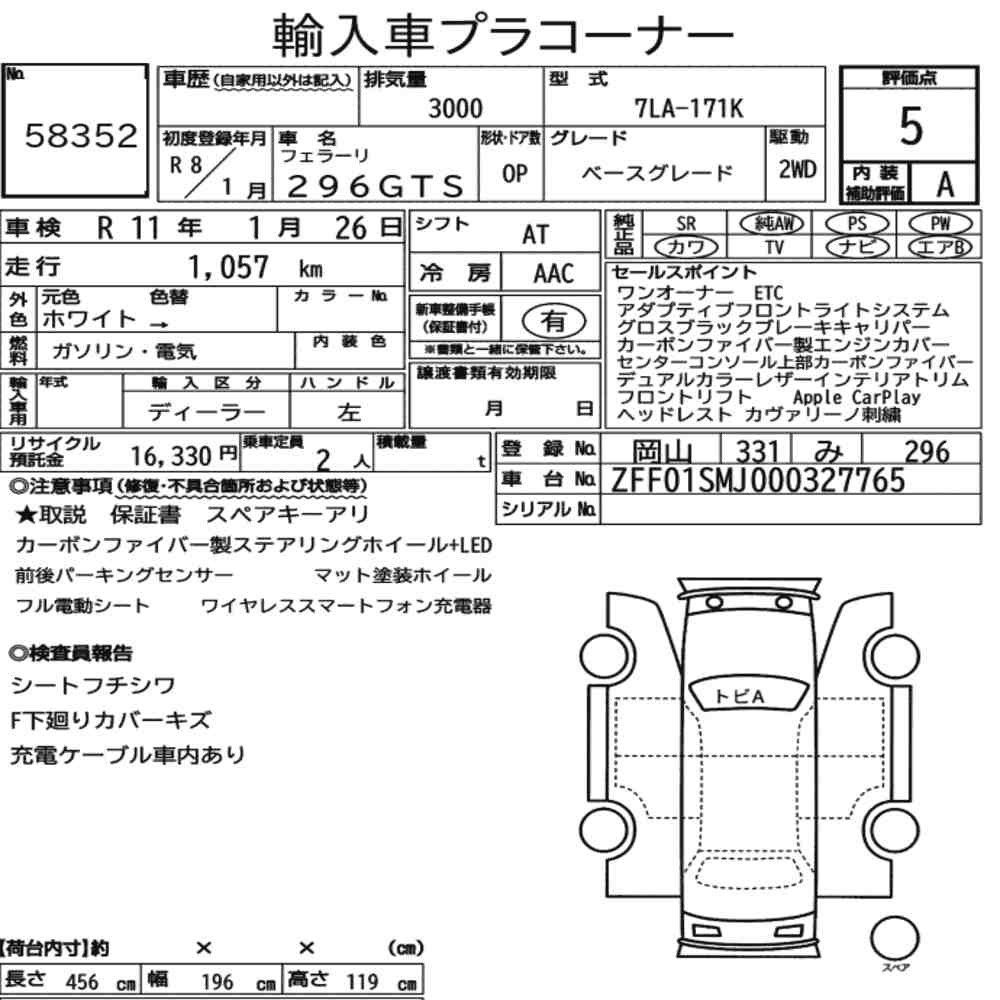 Arkusz aukcyjny — 2026 Ferrari 296GTS Base Grade