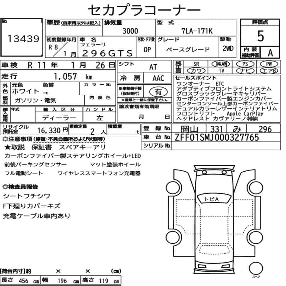Arkusz aukcyjny — 2026 Ferrari 296GTS Base Grade