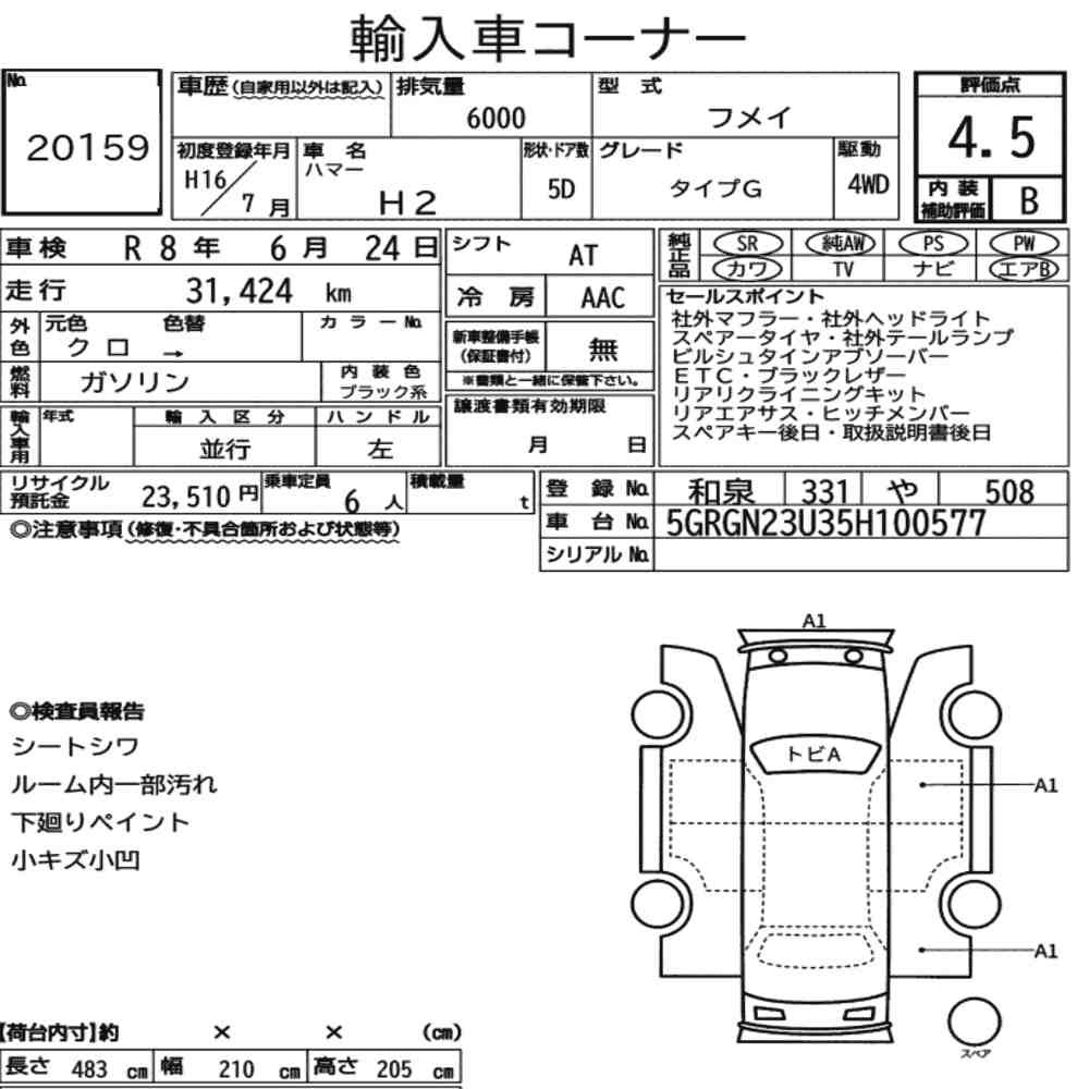 Arkusz aukcyjny — 2004 Hummer H2 5D 4WD Type G