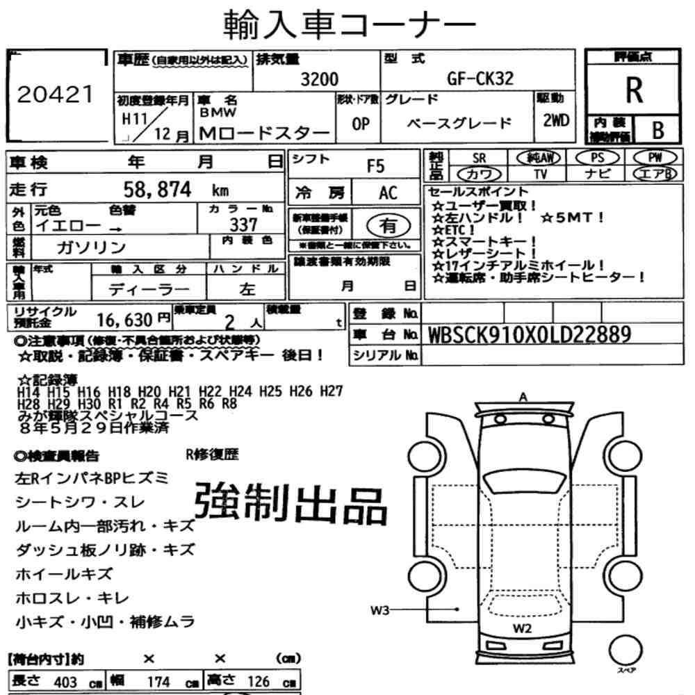 Arkusz aukcyjny — 1999 BMW M Roadster Base Grade