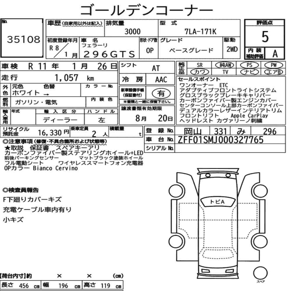 Arkusz aukcyjny — 2026 Ferrari 296GTS Base Grade