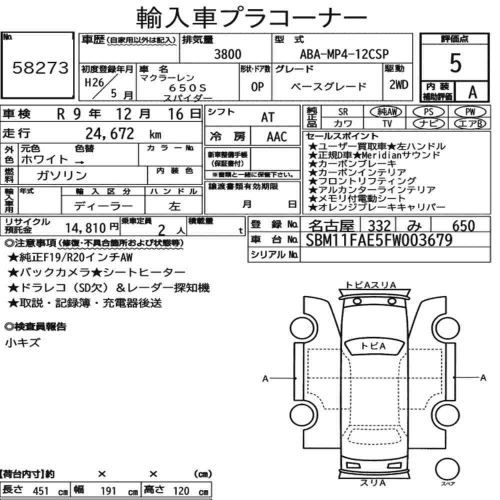 Arkusz aukcyjny — 2014 McLaren 650S Spider Base Grade