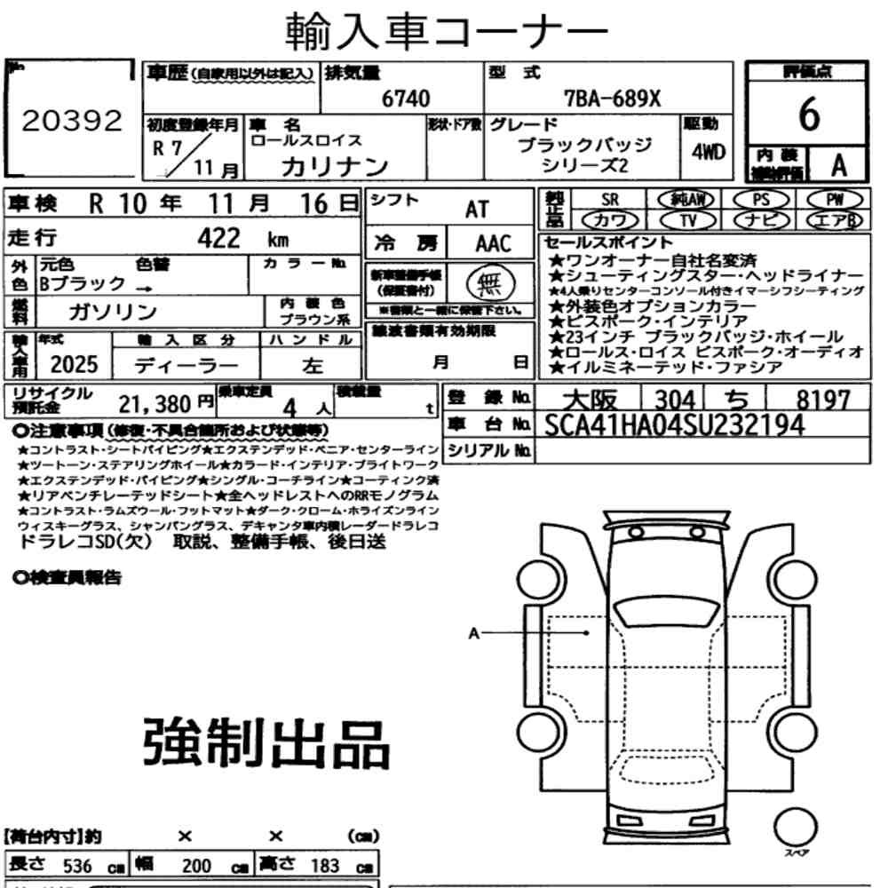 Arkusz aukcyjny — 2025 Rolls-Royce Cullinan 4WD Black Badge
