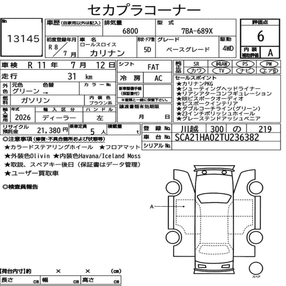 Arkusz aukcyjny — 2026 Rolls-Royce Cullinan 4WD Base Grade