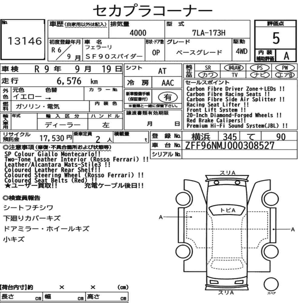 Arkusz aukcyjny — 2024 Ferrari SF90 Spider 4WD Base Grade