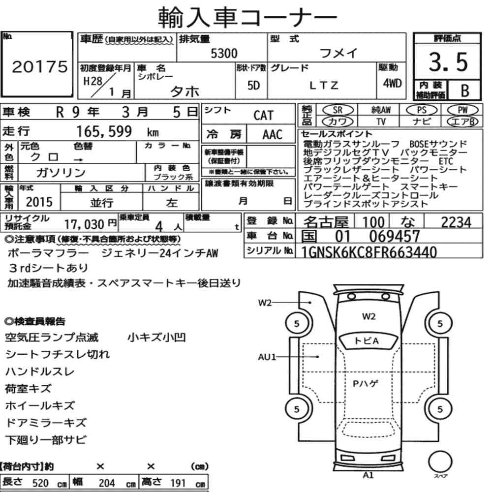Arkusz aukcyjny — 2016 Chevrolet Tahoe 5D 4WD LTZ