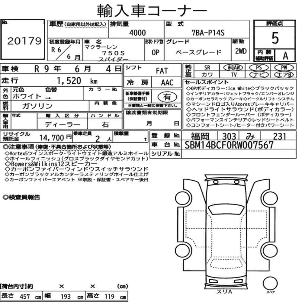 Arkusz aukcyjny — 2024 McLaren 750S Spider Base Grade