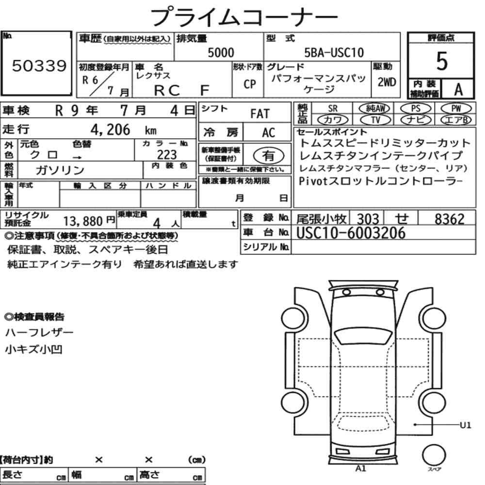 Arkusz aukcyjny — 2024 Lexus RC F Performance Package