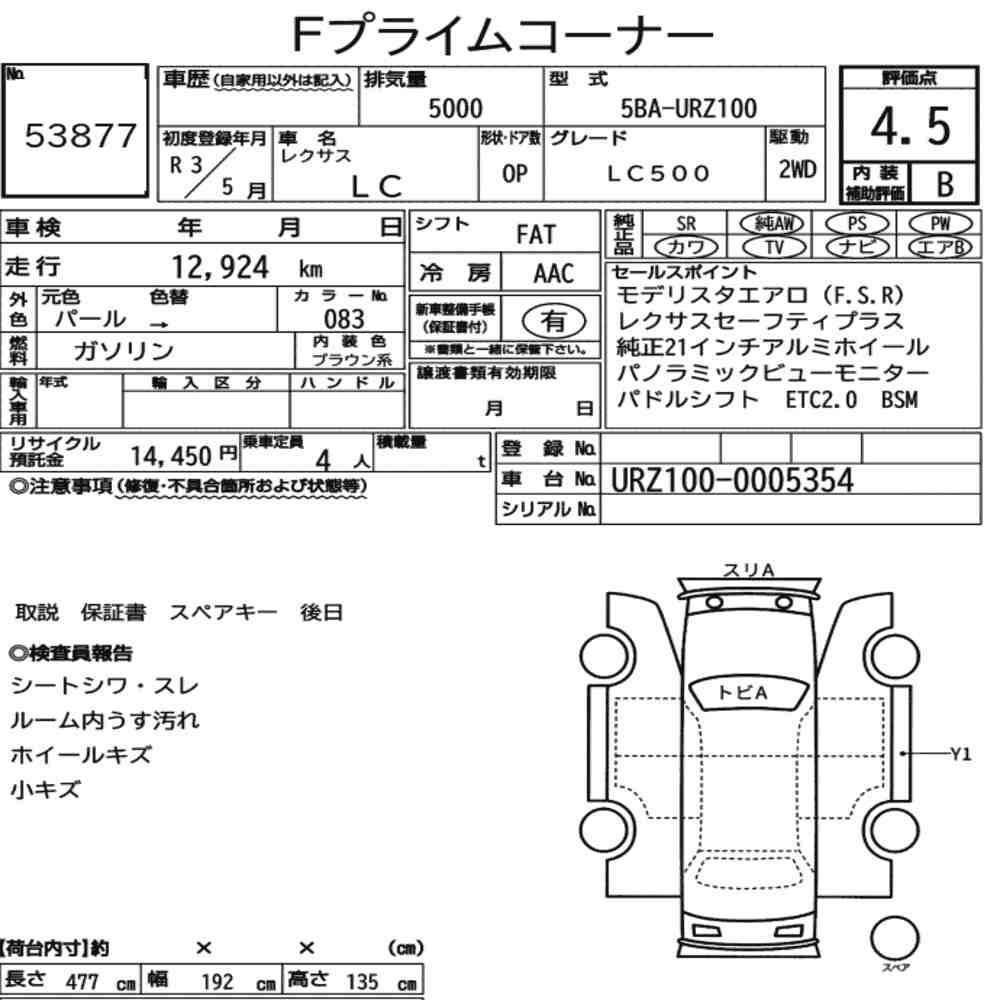 Arkusz aukcyjny — 2021 Lexus LC Op LC500