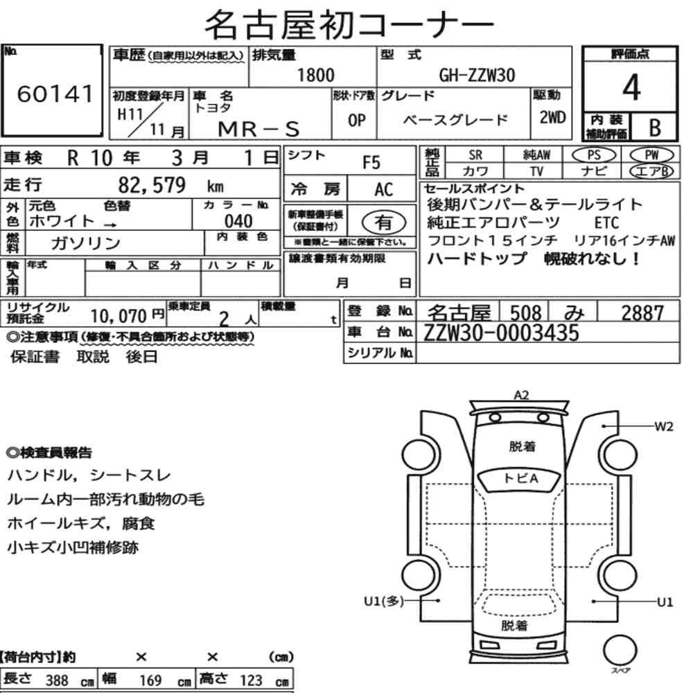 Arkusz aukcyjny — 1999 Toyota MR-S Base Grade