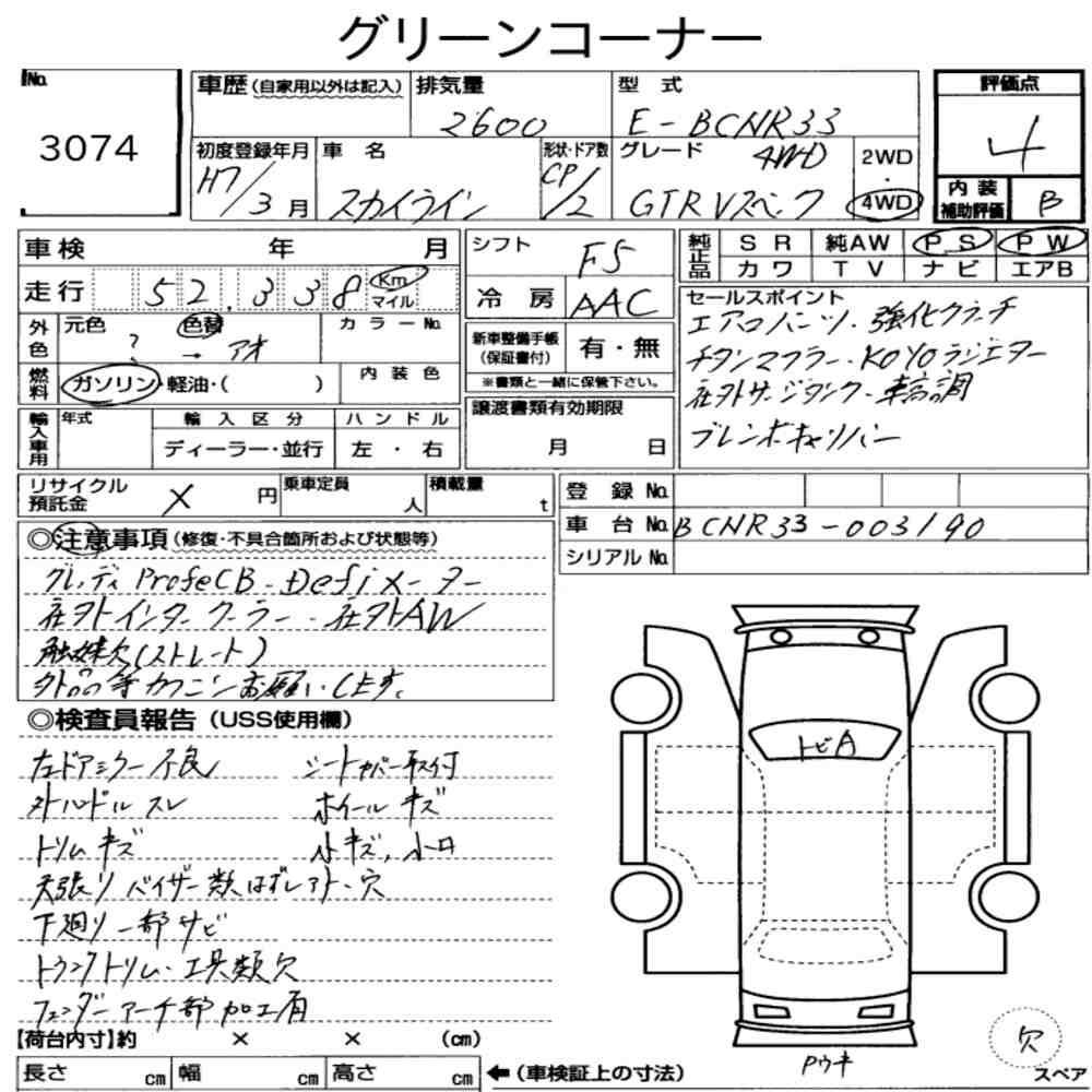 Arkusz aukcyjny — 1995 Nissan Skyline CP 4WD GT-R V・spec